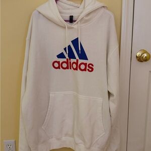 Adidas Men's White Hoodie with Blue and Red Logo